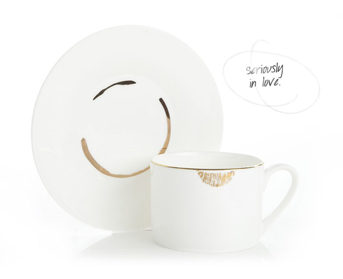 lip tease cup and saucer in gold - Kitty Cotten